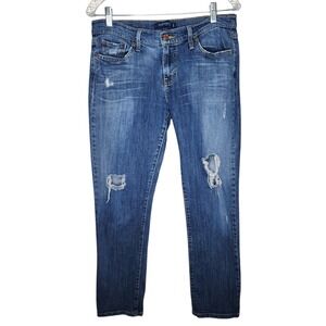 Levis 513 Boyfriend Jeans Womens Medium Blue Distressed Ripped Denim Size 7